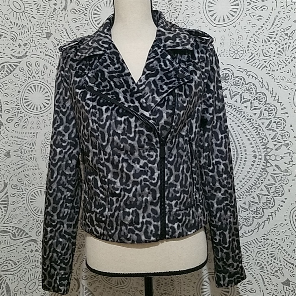 bebe black/grey leopard print moto jacket